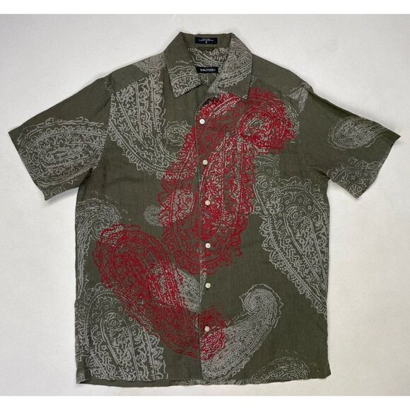 Nautica Paisley Print Linen Blend Hawaiian Shirt Men Small Short Sleeve - Picture 1 of 5